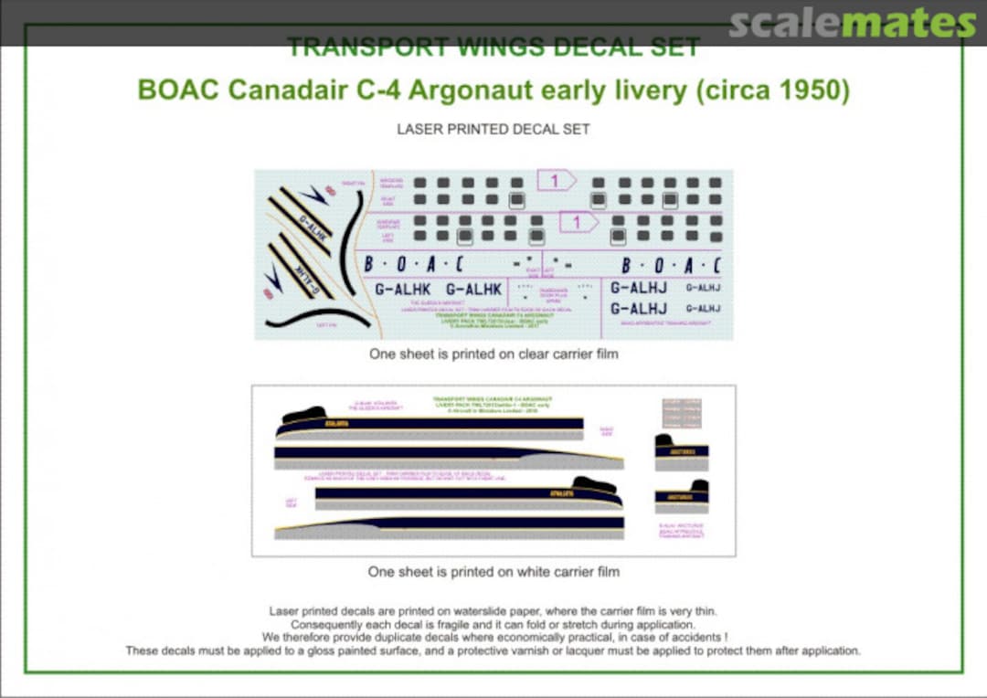 Contents BOAC Argonaut early livery (circa 1954) decal set TWL72015 Aircraft In Miniature Ltd