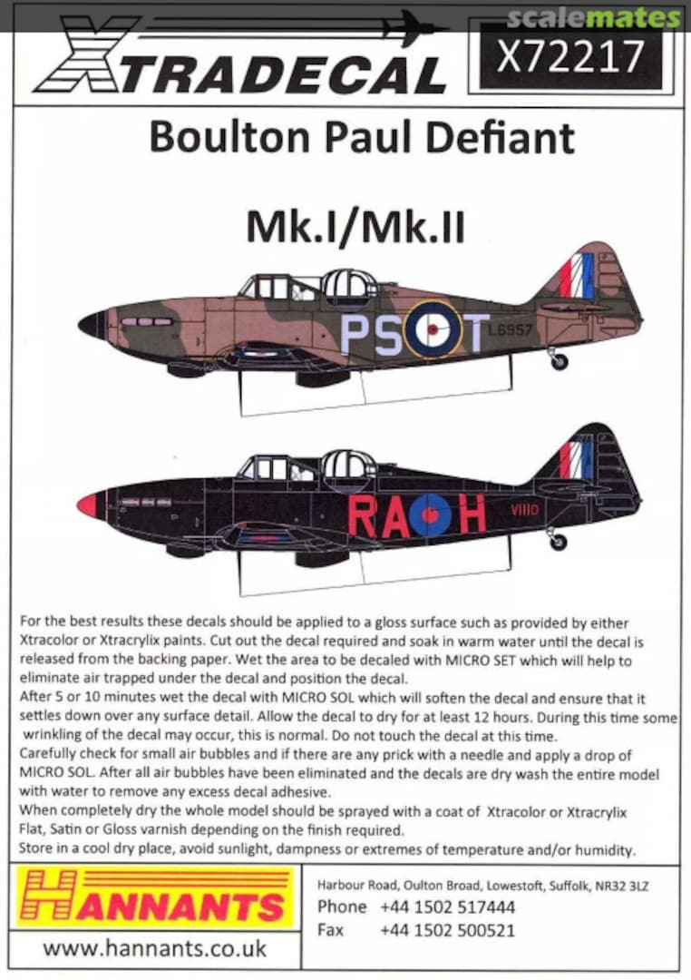 Boxart Boulton Paul Defiant Mk.I/Mk.II X72217 Xtradecal