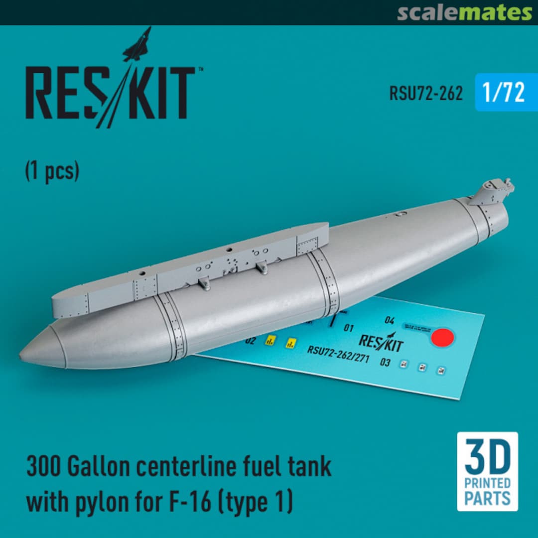 Boxart 300 Gallon centerline fuel tank with pylon for F-16 (type 1) (1 pcs) (3D Printed) RSU72-0262 ResKit