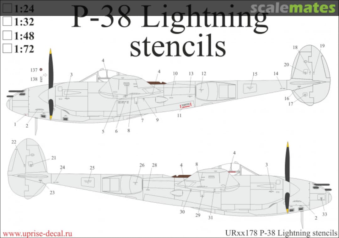 Boxart P-38 Lightning stencils with insignia UR48178 UpRise Decal