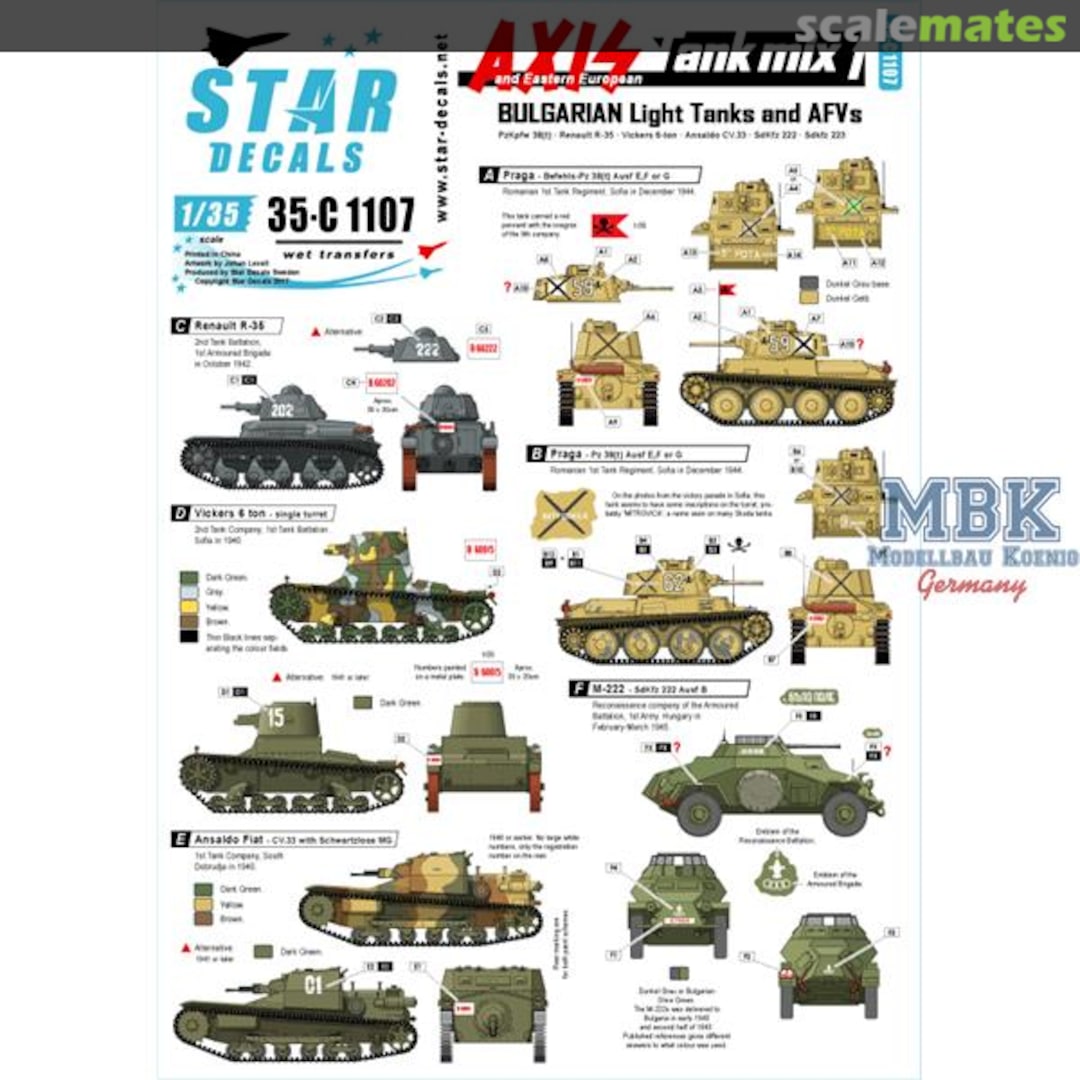 Boxart Bulgarian Light Tanks and AFVs 35-C1107 Star Decals