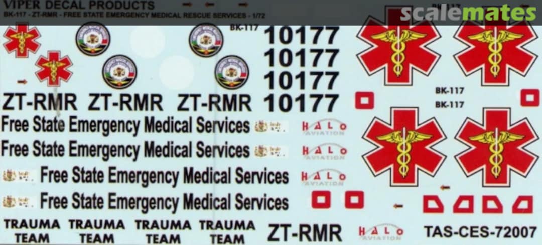 Boxart Free State Emergency Medical Services BK-117 'ZT-RMR' CES72007 Viper Decal Products