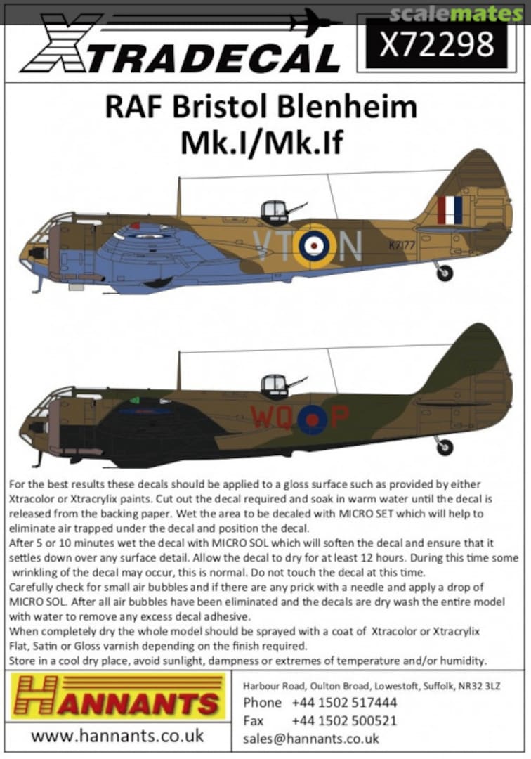 Boxart RAF Bristol Blenheim Mk.I/Mk.If X72298 Xtradecal