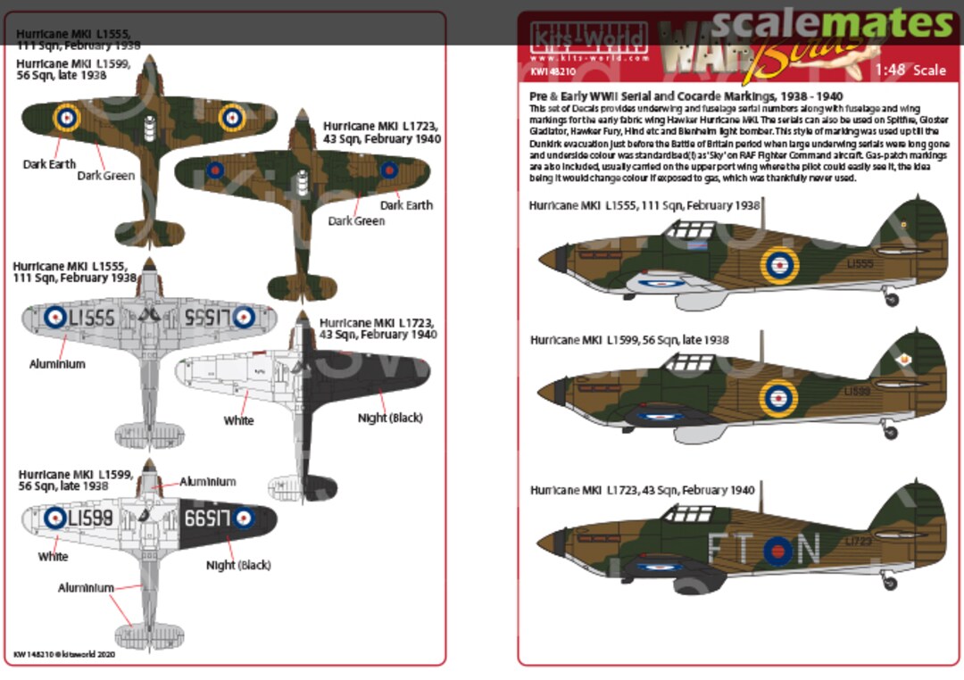 Boxart Pre-& Early WW2 Serial and Cocarde Markings 1938-40 for Hurricane KW148210 Kits-World