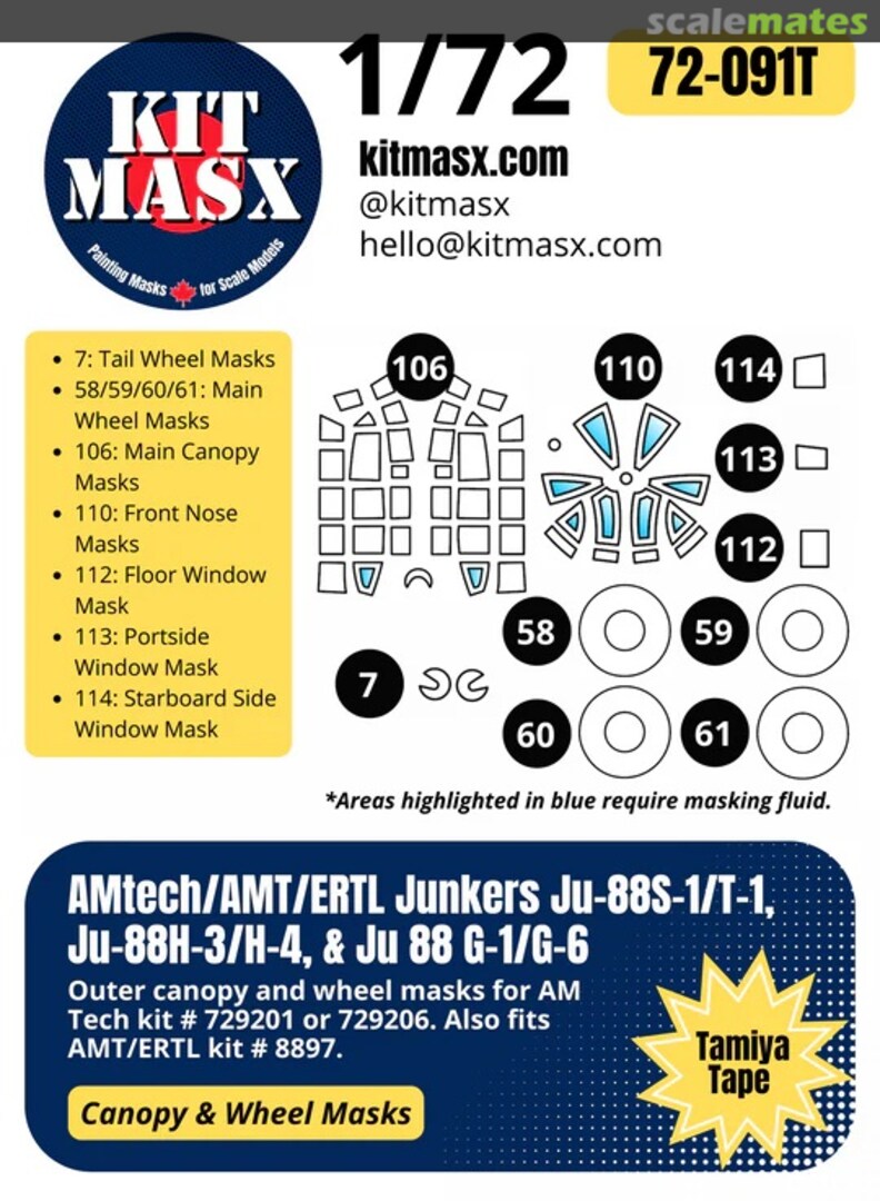 Boxart Ju-88S-1/T-1/Ju-88H-3/H-4/Ju-88 G-1/G-6 Canopy & Wheel Masks 72-091T Kit Masx