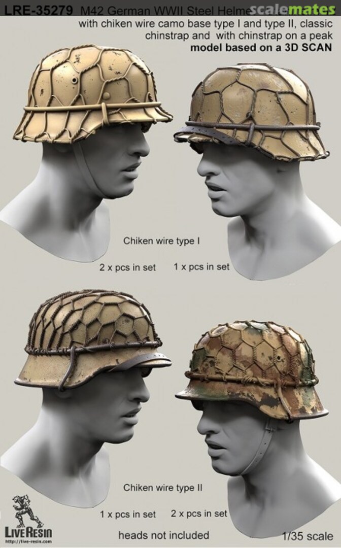 Boxart M42 German WWII Steel Helmet - Stahlhelm w/Classic Chinstrap & w/Chinstrap on Peak (In Chicken Wire Camo Type I & II) LRE-35279 Live Resin