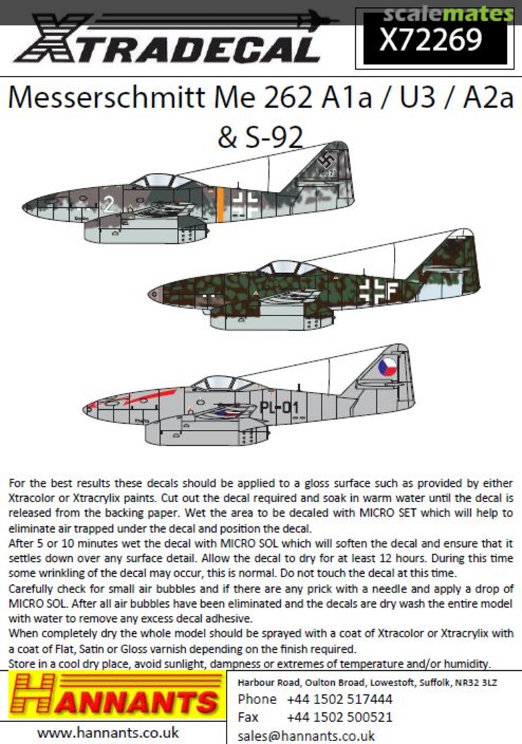 Boxart Messerschmitt Me-262 A1a / U3 / A2a & S-92 X72269 Xtradecal