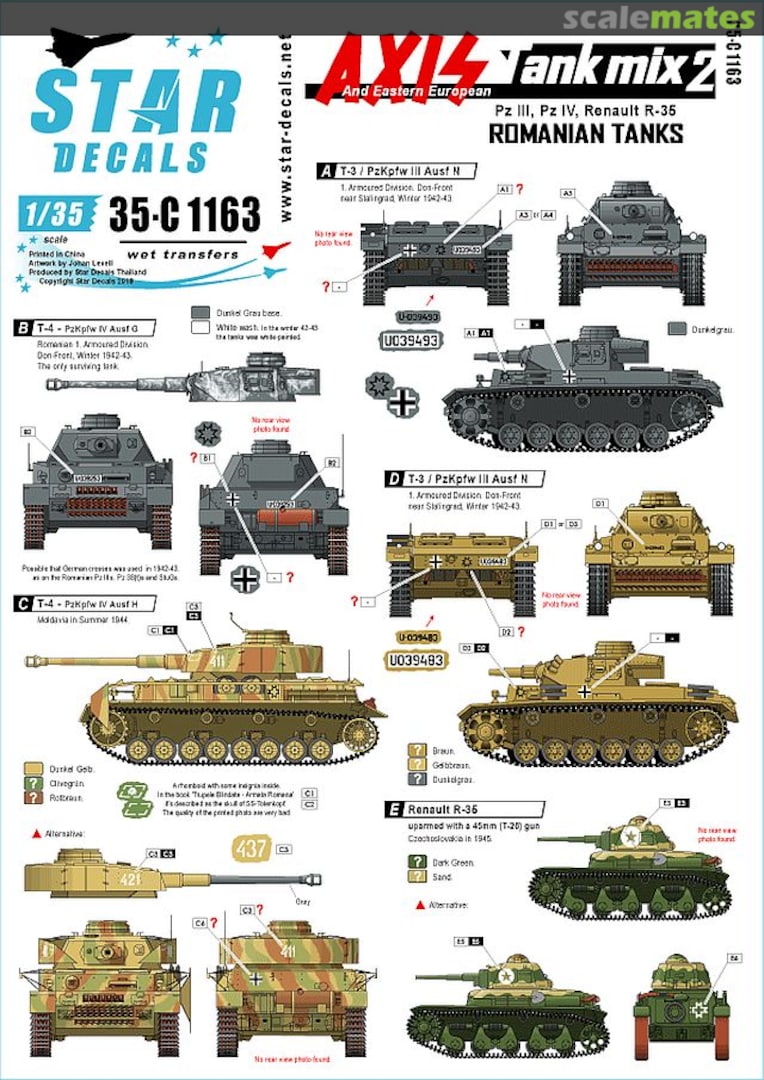 Boxart Axis Tank Mix # 2. Romanian tanks. 35-C1163 Star Decals