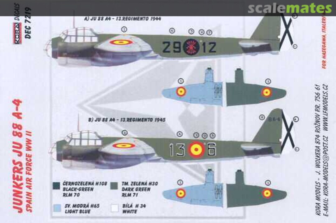 Boxart Junkers Ju 88 A-4 Spain Air Force WW II DEC7219 Kora Models