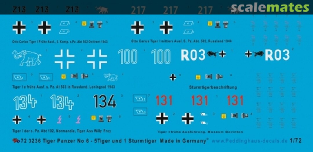 Boxart Tiger tanks N° 6 - 5 Tiger tanks and 1 Sturmtiger 72 3236 Peddinghaus-Decals