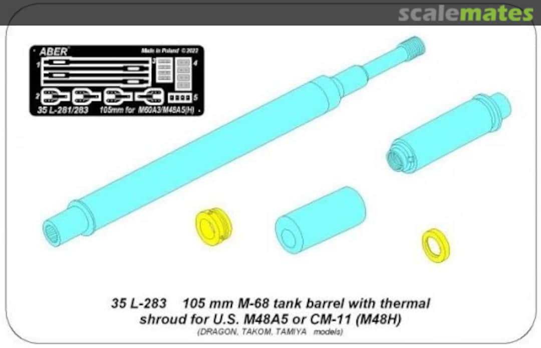 Boxart 105mm M-68 barrel with thermal shroud for U.S. Tank M48A5 or CM-11 (M48H) 35L-283 Aber