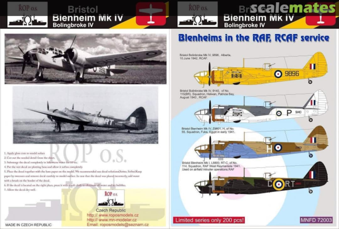 Boxart BRISTOL BLENHEIM MK IV - BLENHEIMS IN THE RAF, RCAF SERVIVE MNFDL72003 ROP o.s.