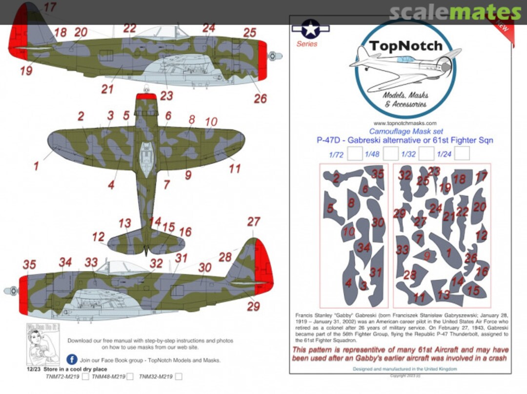 Boxart Republic P-47D Thunderbolt "Bubble top" "Gabreski" Alternative Camouflage pattern paint mask TNM48-M219 TopNotch