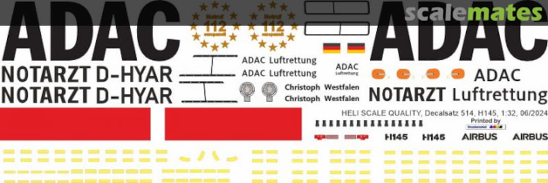 Boxart H145 / EC 145T2 - ADAC neues Design - D-HYAR Christoph Westfalen Decal 514 Heli Scale Quality