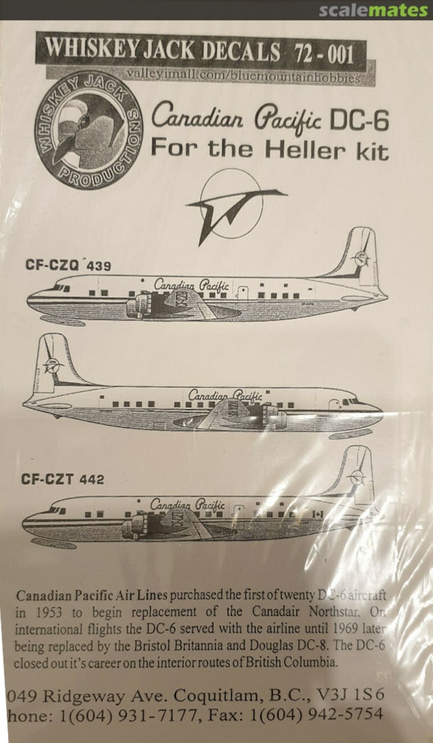 Boxart Canadian Pacific DC-6 72-001 Whiskey Jack Decals