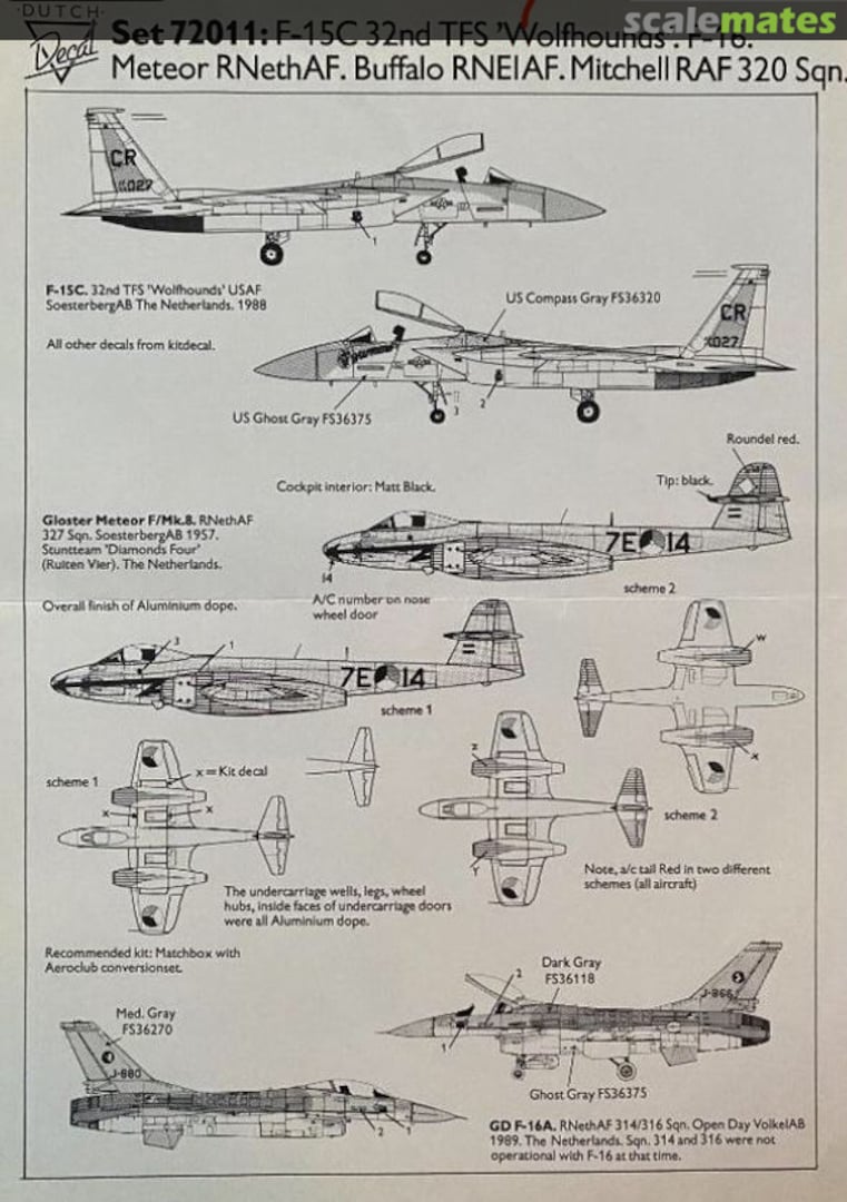 Boxart F-15C 32nd TFS 'Wolfhounds'. F-16. Meteor RNethAF. Buffalo RNEIAF. Mitchell RAF 320 Sqn. 72011 Dutch Decal