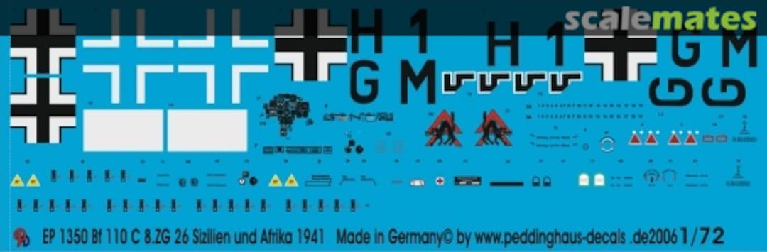 Boxart Bf 110 C8. ZG26 Sizilen und Afrika 1941 EP 1350 Peddinghaus-Decals