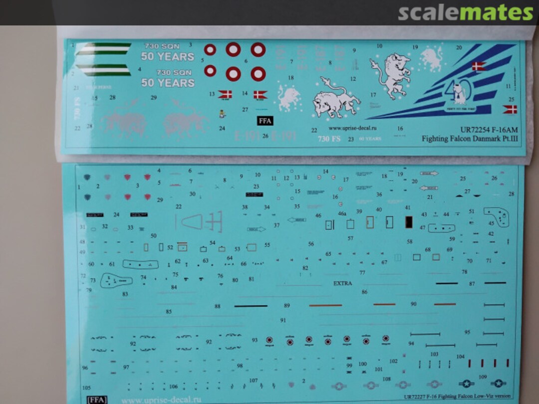 Contents F-16AM Fighting Falcon Danmark Pt.II with stencils, FFA (removable film) UR72254 UpRise Decal Serbia