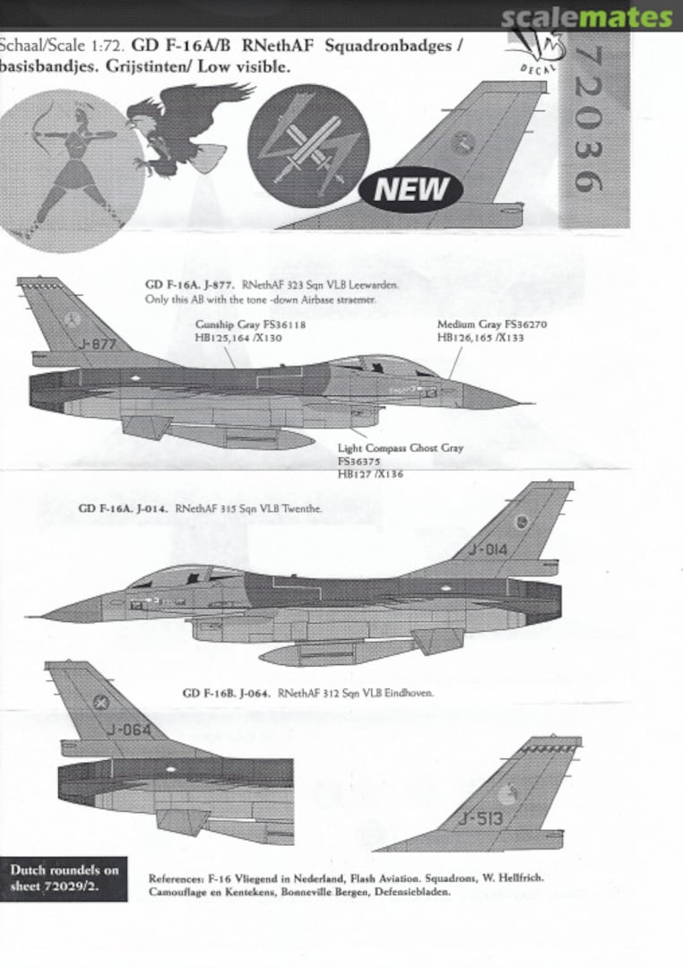 Boxart GD F-16A/B RNethAF Squadronbadges/ low visible 72036 Dutch Decal