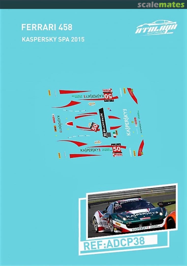 Boxart Ferrari 458 Italia GT3 "KASPERSKY" ADCP38 Atalaya Slot Decals