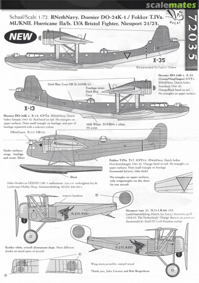 Boxart Dornier DO-24K-1, Fokker T.IVa, Hurricane IIa/b, Bristolfighter, Nieuport 21/23 72035 Dutch Decal