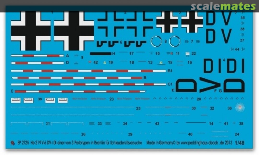 Boxart He 219V-6 DV+DI einer von 3 Prototypen in Rechlin für Schleudersitzversuche EP 2725 Peddinghaus-Decals