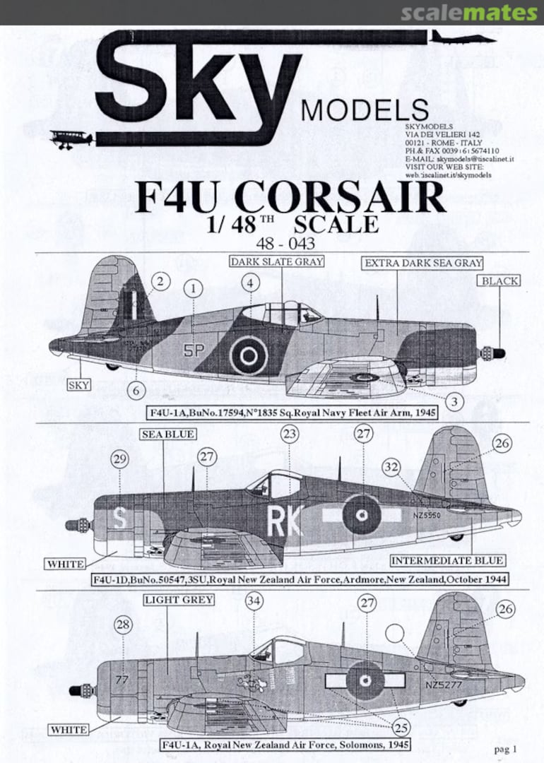 Contents F4U Corsair 48-043 Sky Models