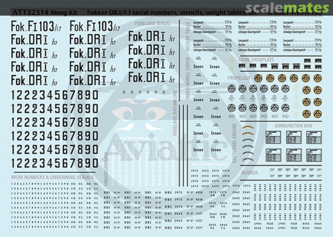 Boxart Fokker F.I/DR.I serial numbers, stencils, weights tables, Voss "face" etc ATT32314 Aviattic