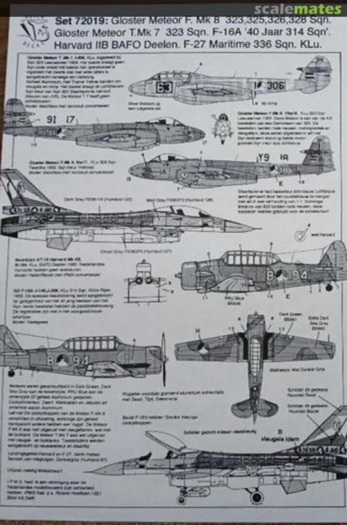 Boxart Set 72019: Meteor Mk.8 323, 325, 326, 328 Sqn. Meteor T.Mk.7 323 Sqn. F-16A '40 Jaar 314 Sqn.' Harvard IIB BAFO Deelen. F-27 Maritime 336 Sqn. KLu. 72019 Dutch Decal