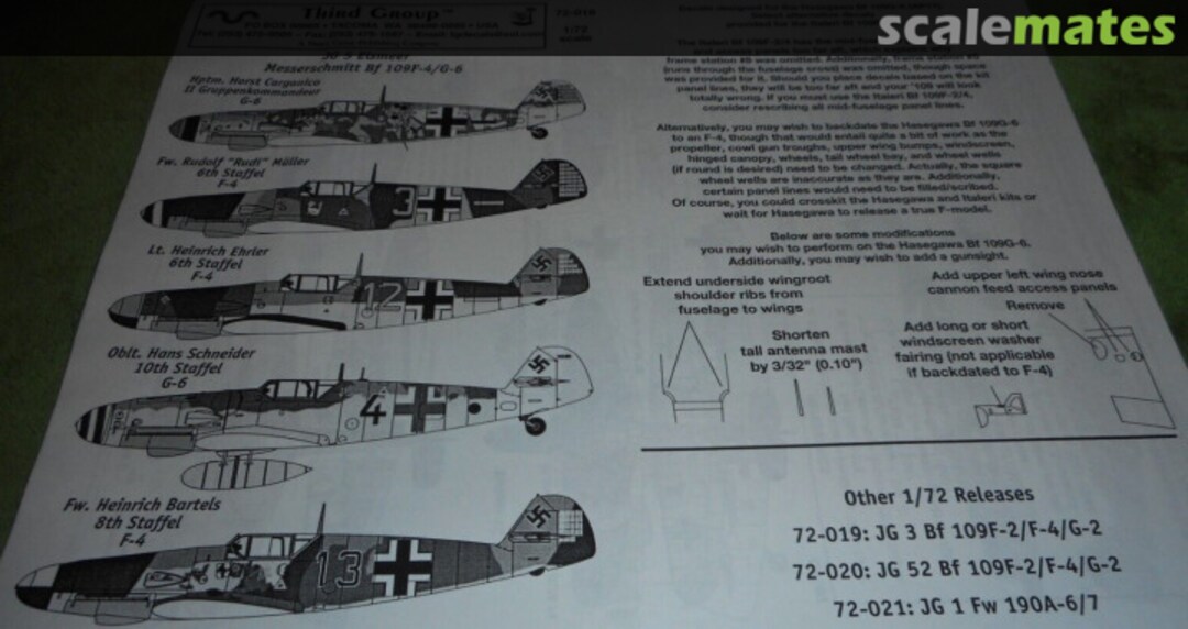 Boxart Messerschmitt Bf 109F-4/G-6 72-018 Third Group Decals