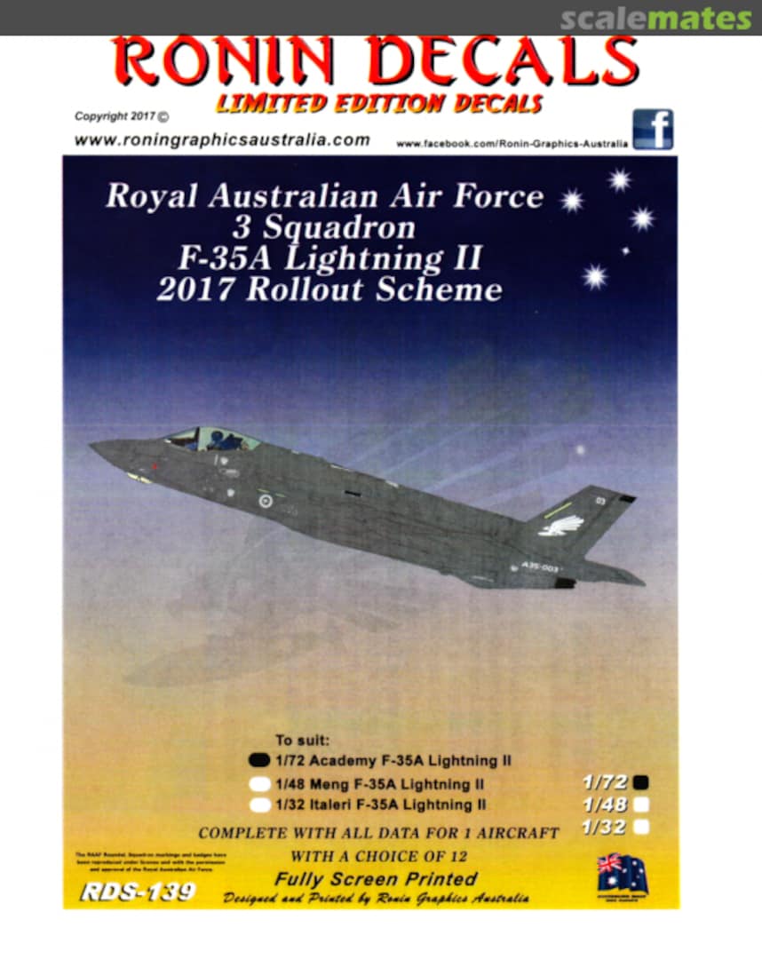 Boxart RAAF 3 Squadron F-35A Lightning II RDS-139-72 Ronin Decals