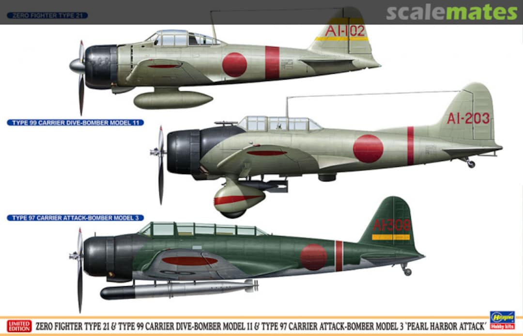 Boxart Zero Fighter Type 21 & Type 99 Carrier Dive-Bomber Model 11 & Type 97 Carrier Attack-Bomber Model 3 `Pearl Harbor Attack´ 52148 Hasegawa