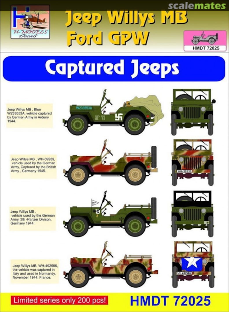 Boxart Willys Jeep MB/Ford GPW: Captured Jeeps HMT72025 H-Models Decals