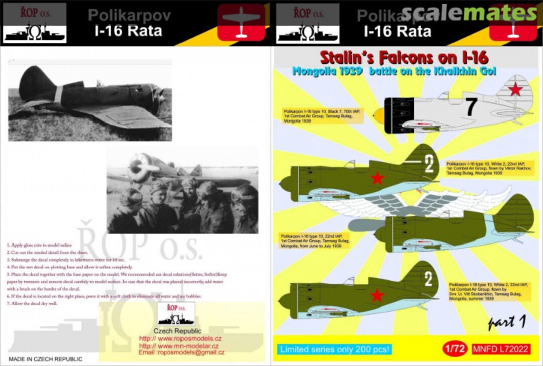 Boxart POLIKARPOV I-16 RATA - STALIN'S FALCONS ON I-16 MNFDL72022 ROP o.s.