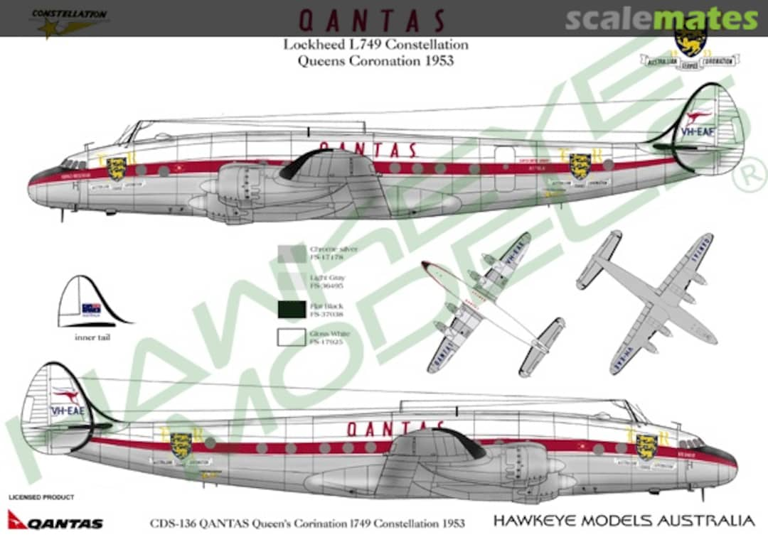 Boxart Qantas, Lockheed L-749 Constellation, 1953 Queen’s Coronation CDS-136 Hawkeye Models