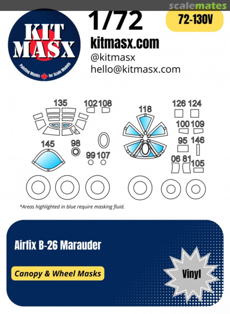 Boxart B-26 Marauder Canopy & Wheel Masks 72-130V Kit Masx