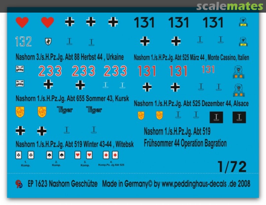 Boxart 6 different Nashorn Guns Sd. Kfz 164 EP 1623 Peddinghaus-Decals