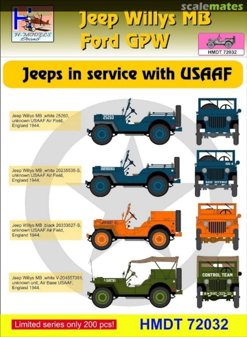 Boxart Willys Jeep MB/Ford GPW: USAAF Jeeps HMDT 72032 H-Models Decals