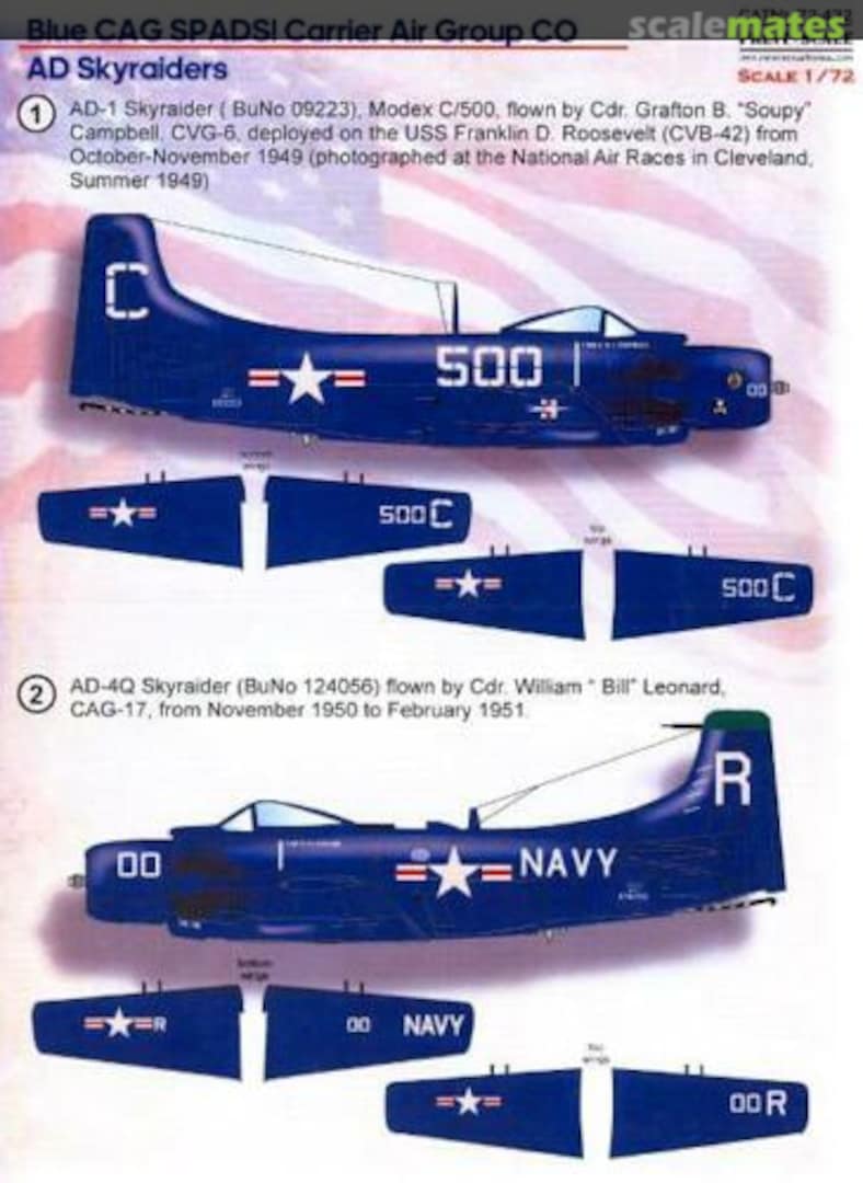 Boxart Blue CAG SPADS. Carrier Air Group CO AD-1/4/5 Skyraiders 72-432 Print Scale