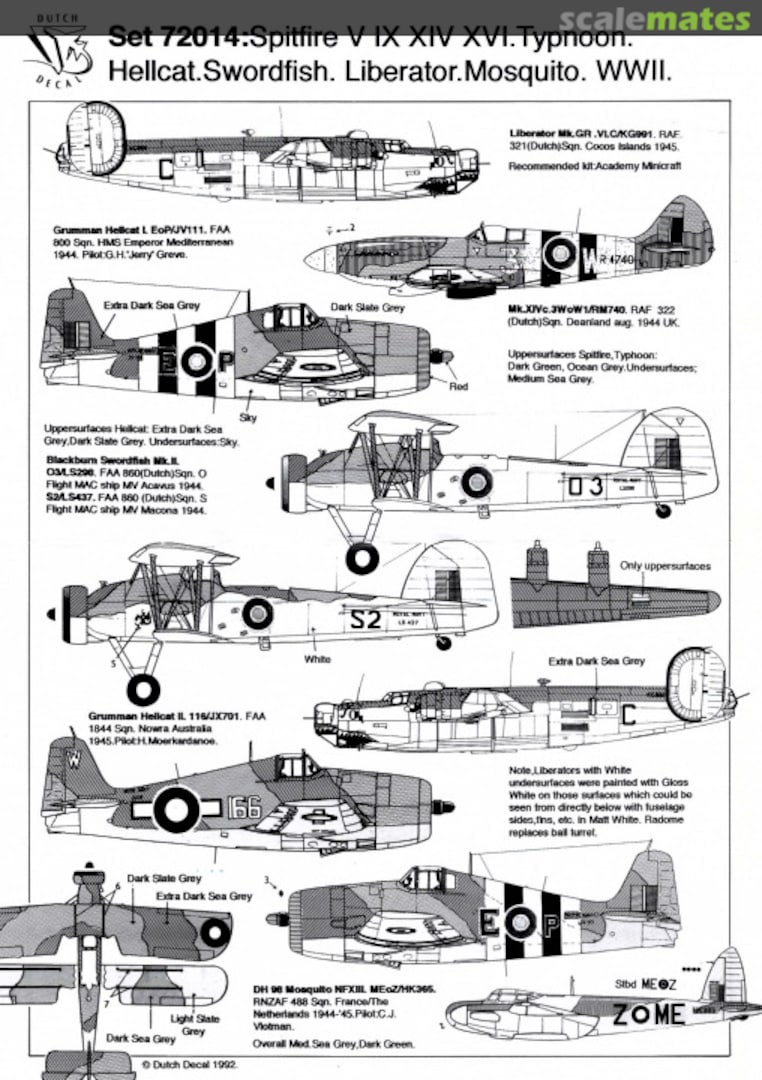 Boxart Spitfire, Typhoon, Hellcat, Swordfish, Liberator, Mosquito 72014 Dutch Decal