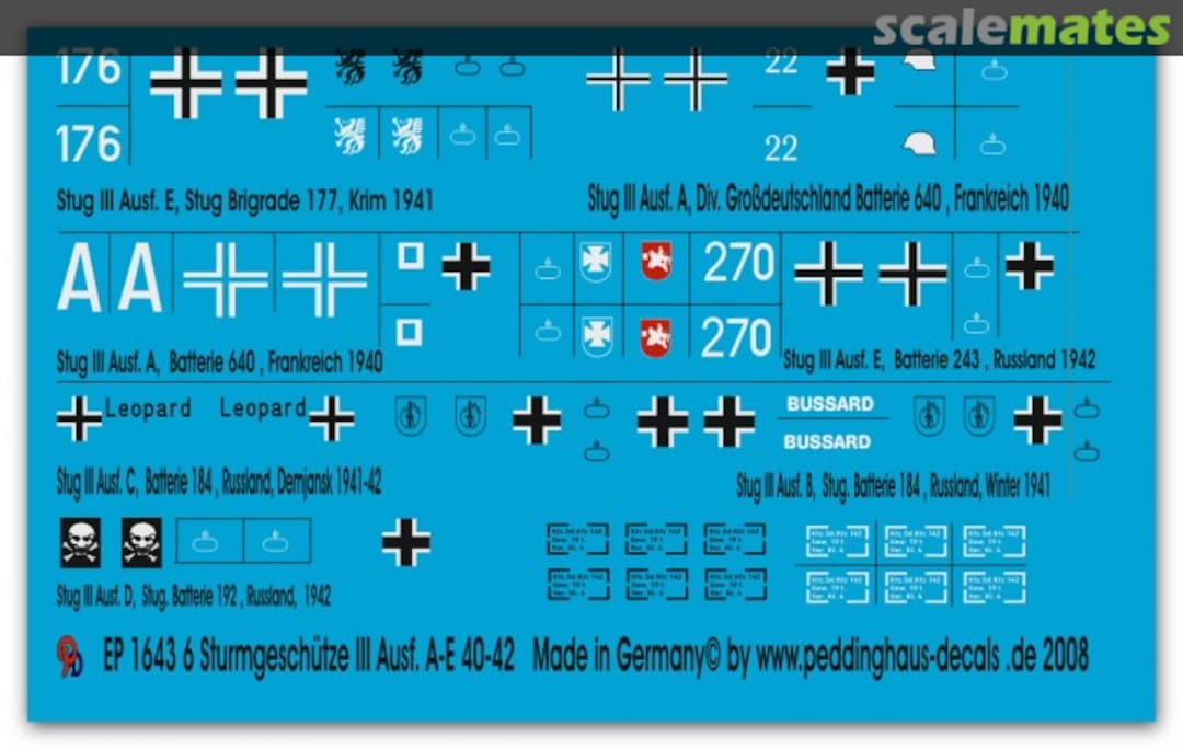 Boxart Markings for Stug III version A-E tanks EP 1643 Peddinghaus-Decals