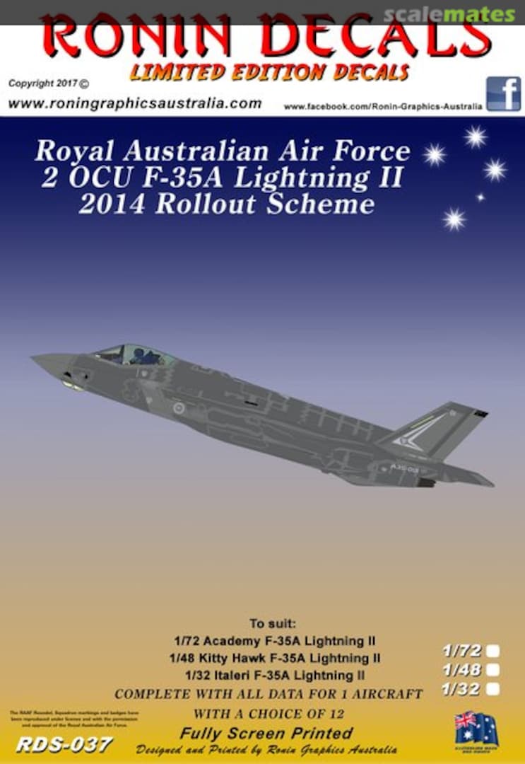 Boxart RAAF 2 OCU, F-35A Lightning II, 2014 Rollout Scheme RDS-037 Ronin Decals