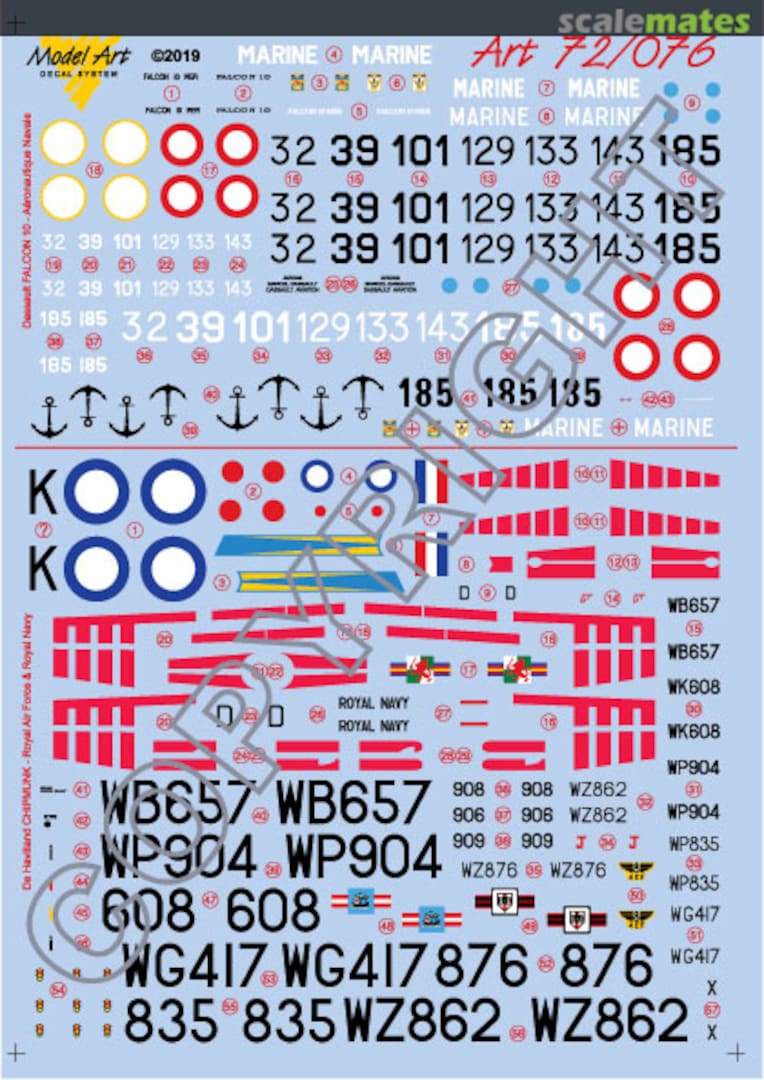 Boxart Dassault Falcon 10MER, De Havilland Chipmunk 72/076 Model Art Decal System