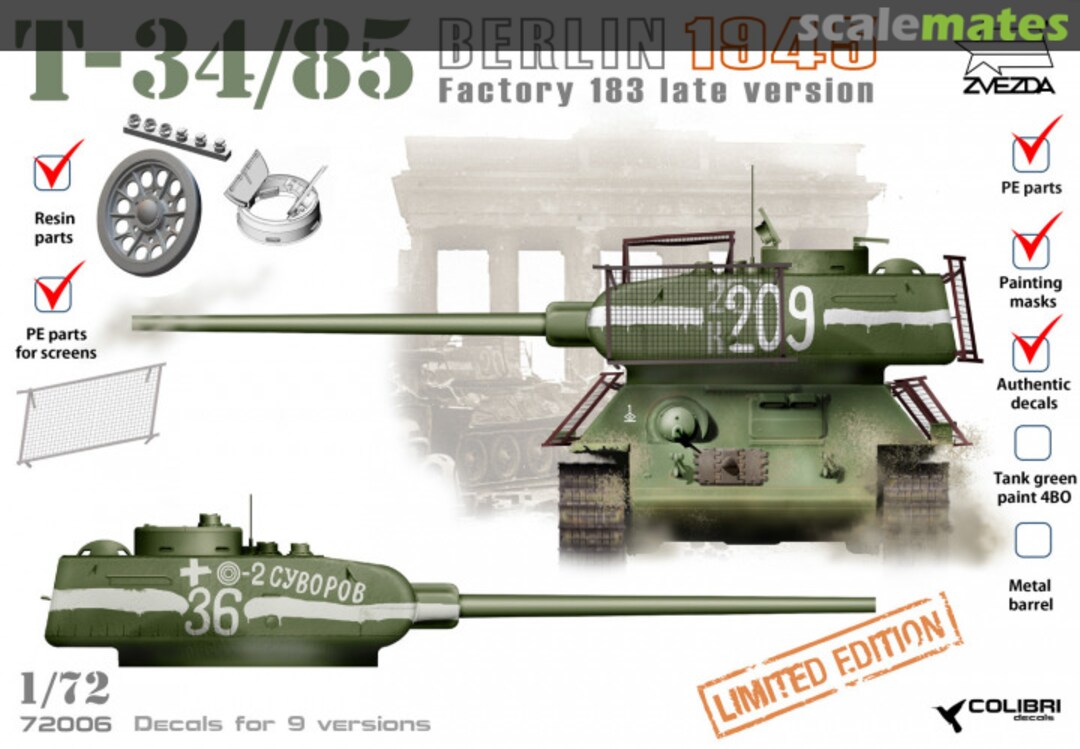 Boxart T-34/85 Factory 183 late version. Berlin 1945 72006 Colibri Decals