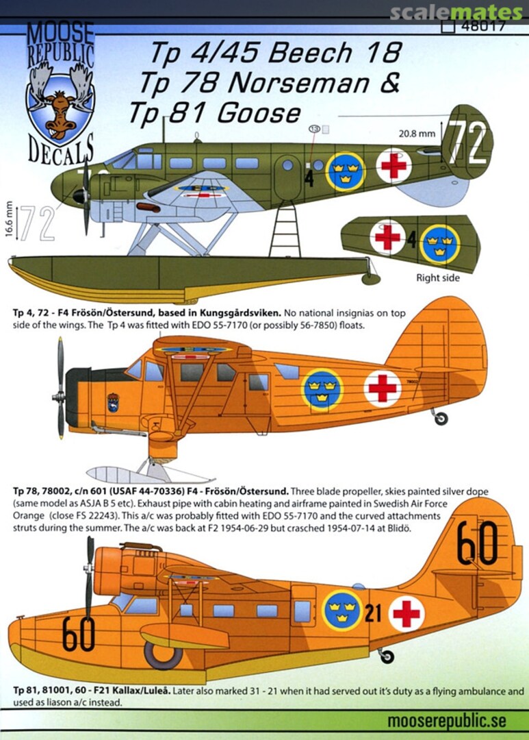 Boxart Tp 4/45 Beech 18, Tp 78 Norseman & Tp 81 Goose 48017 Moose Republic Decals