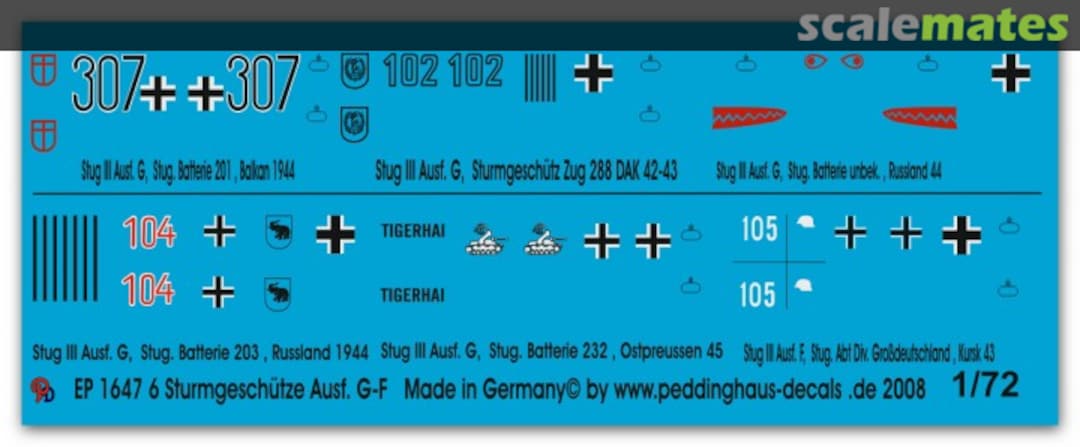 Boxart Markings for Stug III version G-F tanks EP 1647 Peddinghaus-Decals