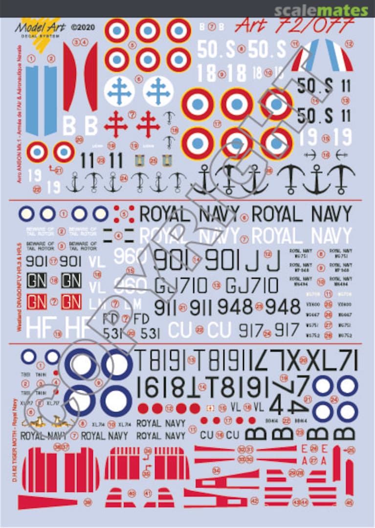 Boxart Avro Anson, Westland Dragonfly, DH.82 Tiger Moth 72/077 Model Art Decal System