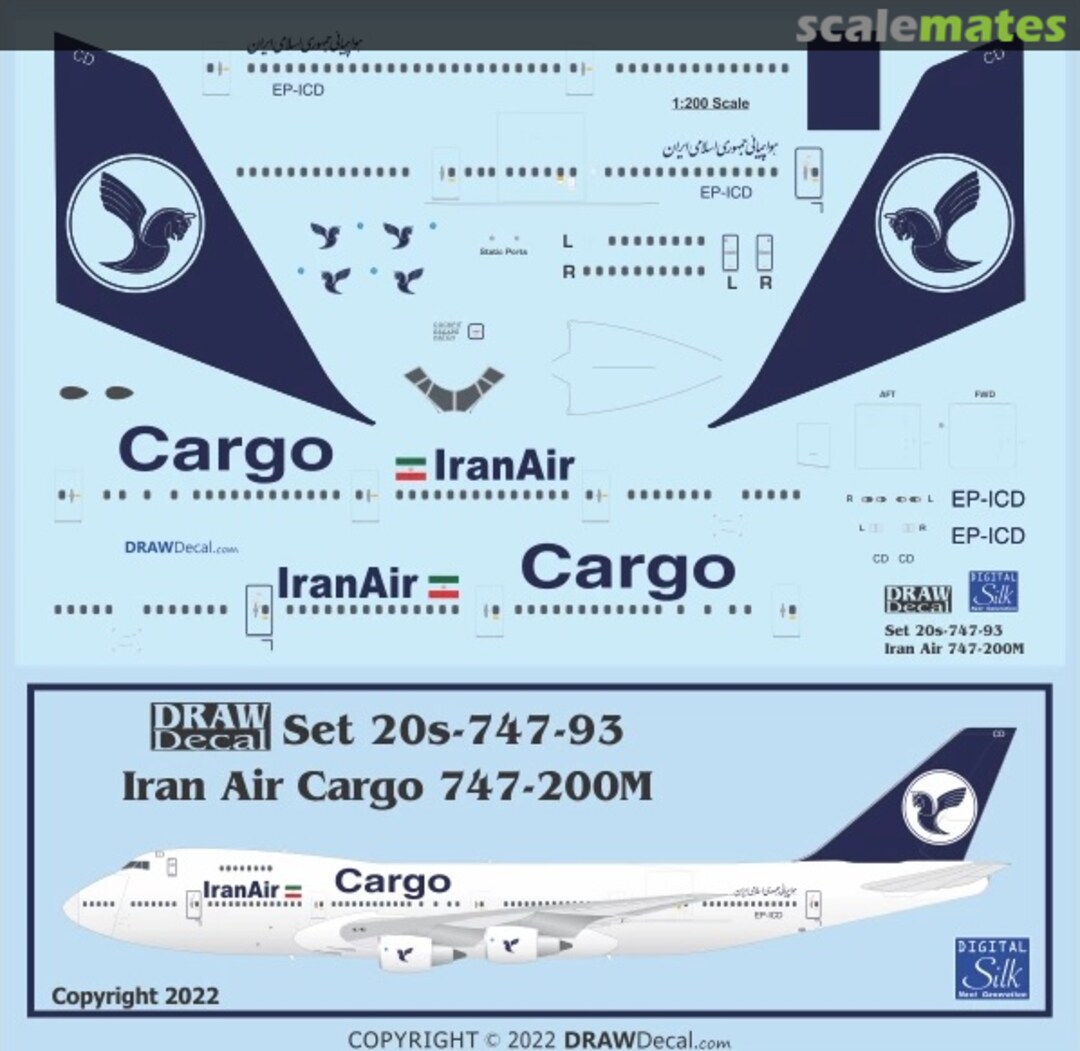 Boxart Iran Air Cargo 747-200M EP-ICD 20-747-93 Draw Decal