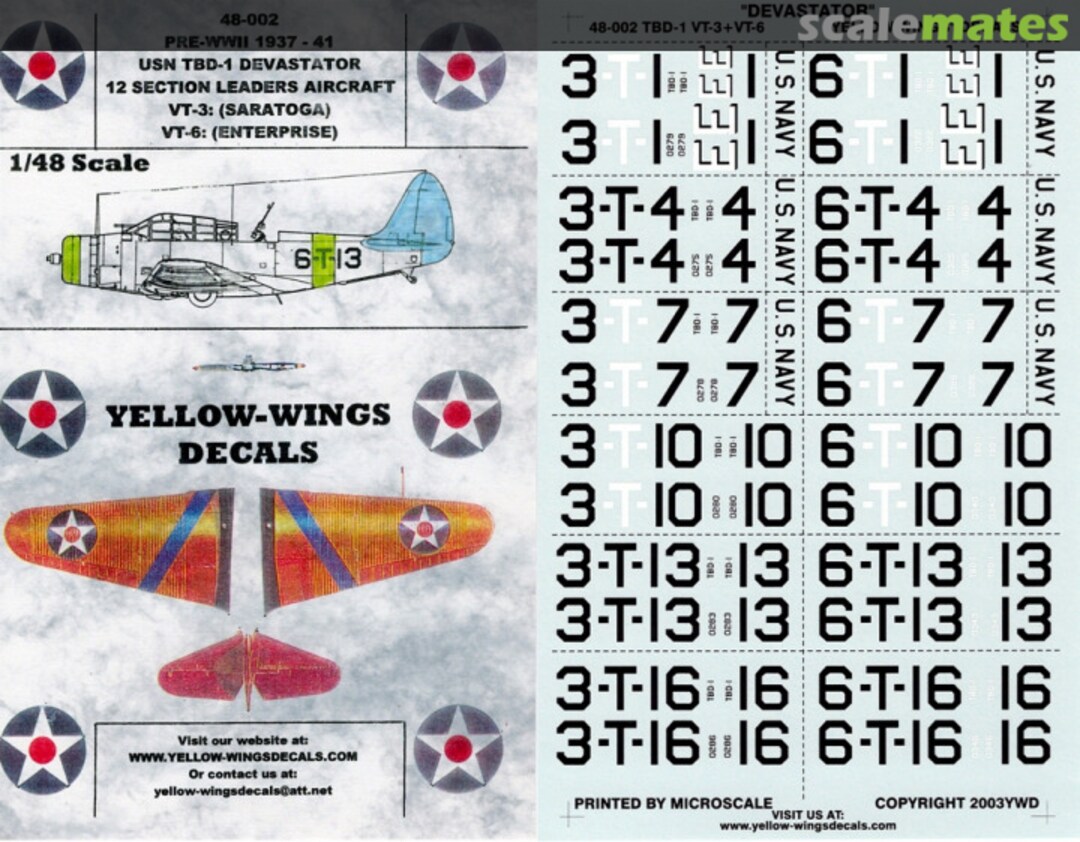 Boxart Pre-WWII 1937-41 USN TBD-1 Devastator 48-002 Yellow-Wings Decals