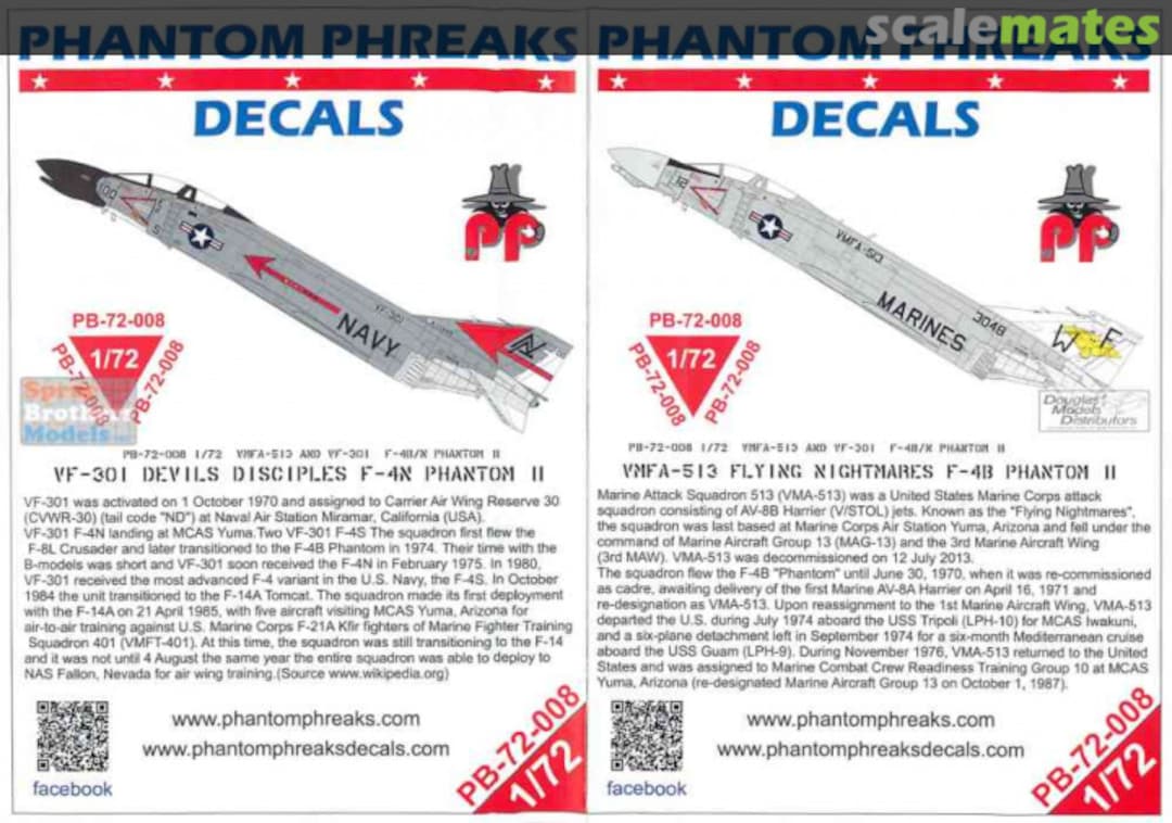 Boxart VF-301 Devils Disciples F-4N & VMFA-513 Flying Nightmares F-4B Phantom II PB-72-008 Phantom Phreaks Decals